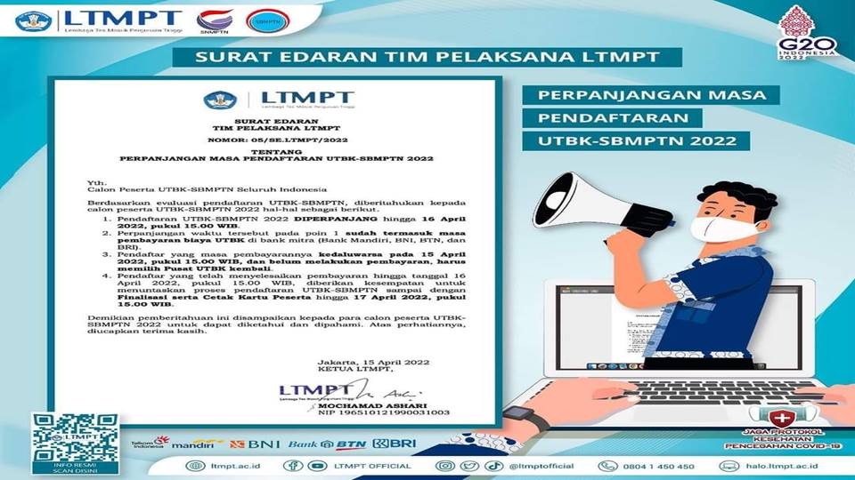 Pendaftaran Mahasiswa Baru Gelombang II Jalur UTBK-SBMPTN di Perpanjang Sampai 16 April 2022